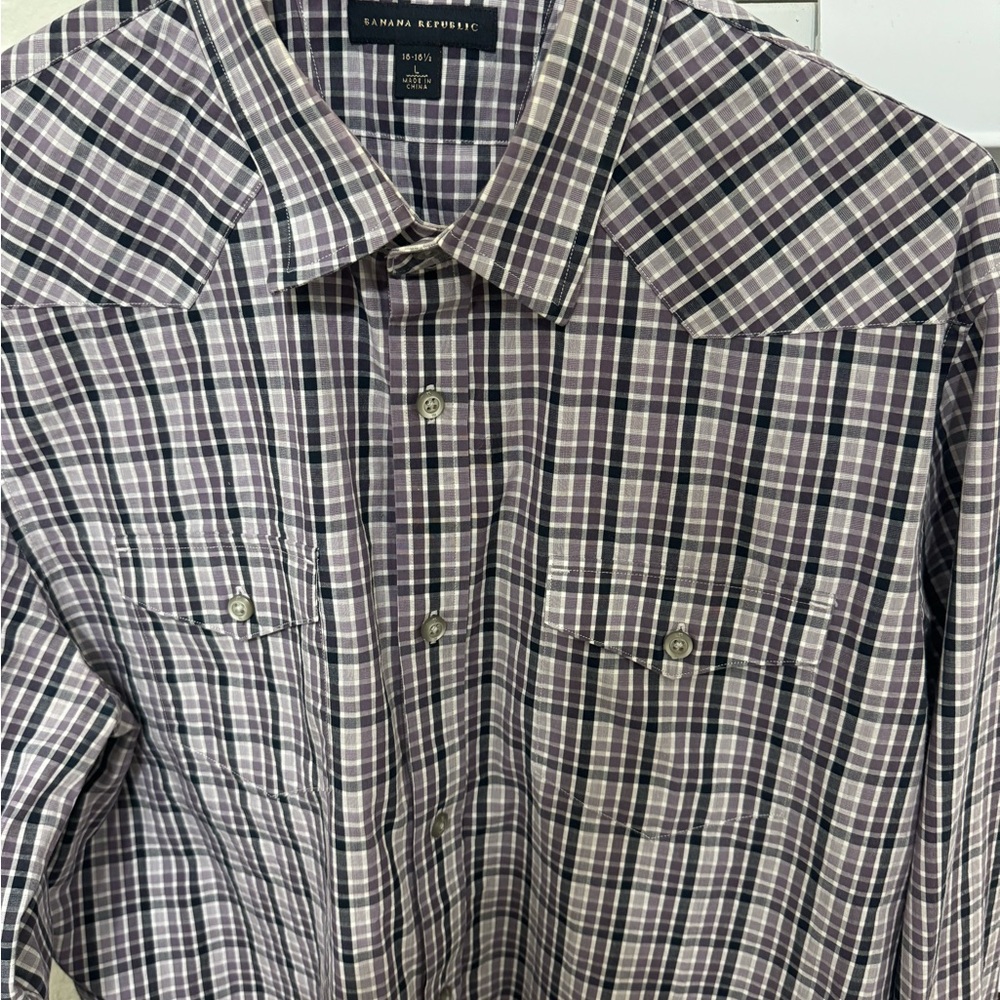Banana Republic Men's Checkered Shirt - Black, Purple & Grey.
